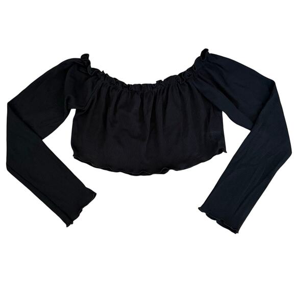 Nasty Gal Long Sleeve Crop Top Black Size Medium (8) Ribbed Ruffle Hem Stretch - Picture 1 of 10